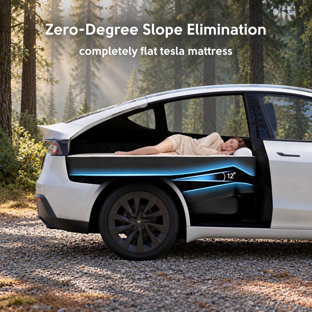 Illustration of a white NovaPads mattress in the rear cabin of a light blue Model Y at a forest campsite.
