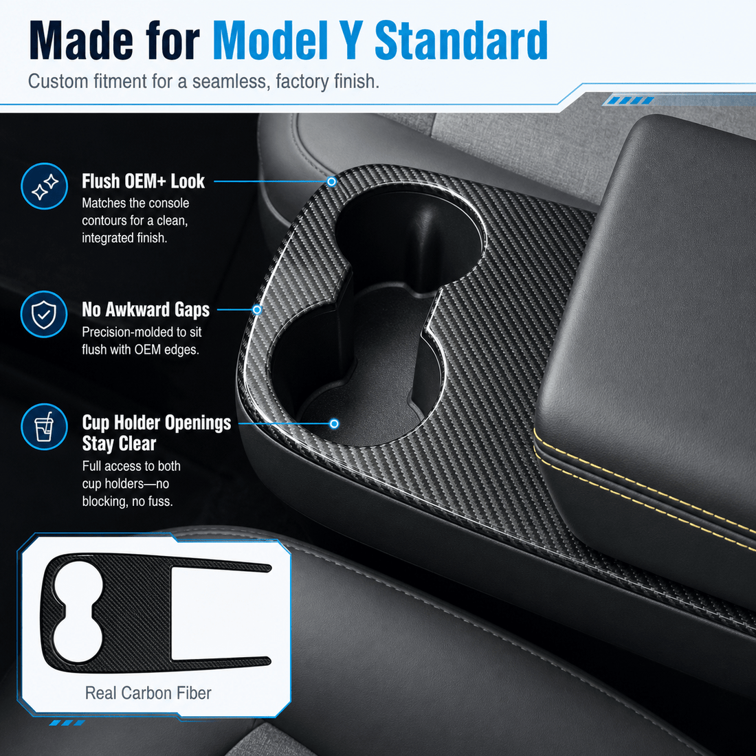 Real Carbon Fiber Center Console Cup Holder Cover Trim for Model Y Standard 2026+ - Tesery Official Store