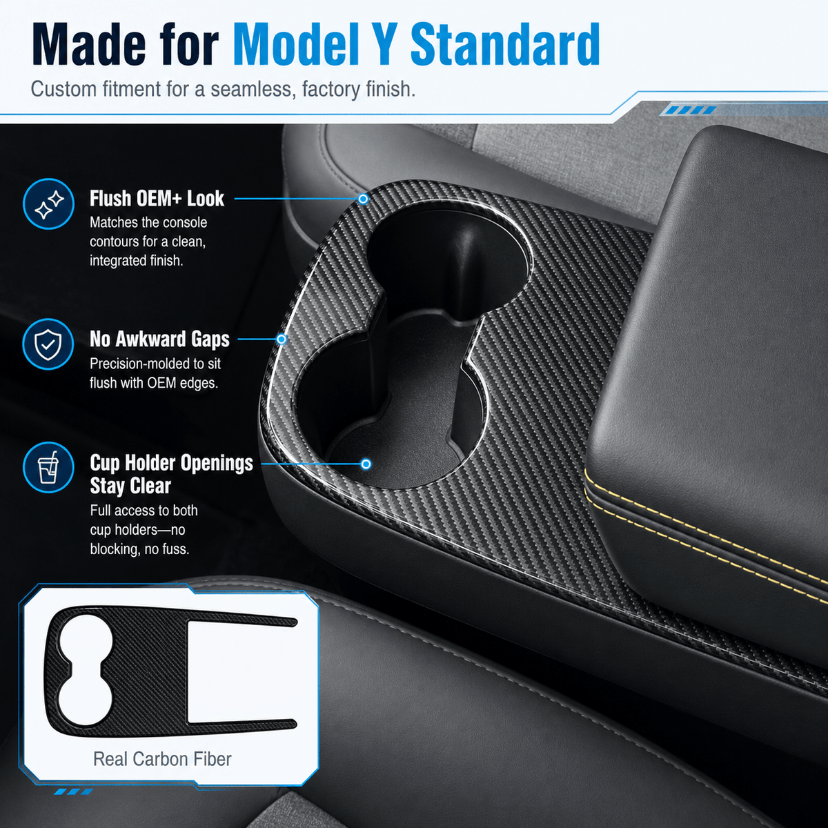 Real Carbon Fiber Center Console Cup Holder Cover Trim for Model Y Standard 2026+ - Tesery Official Store