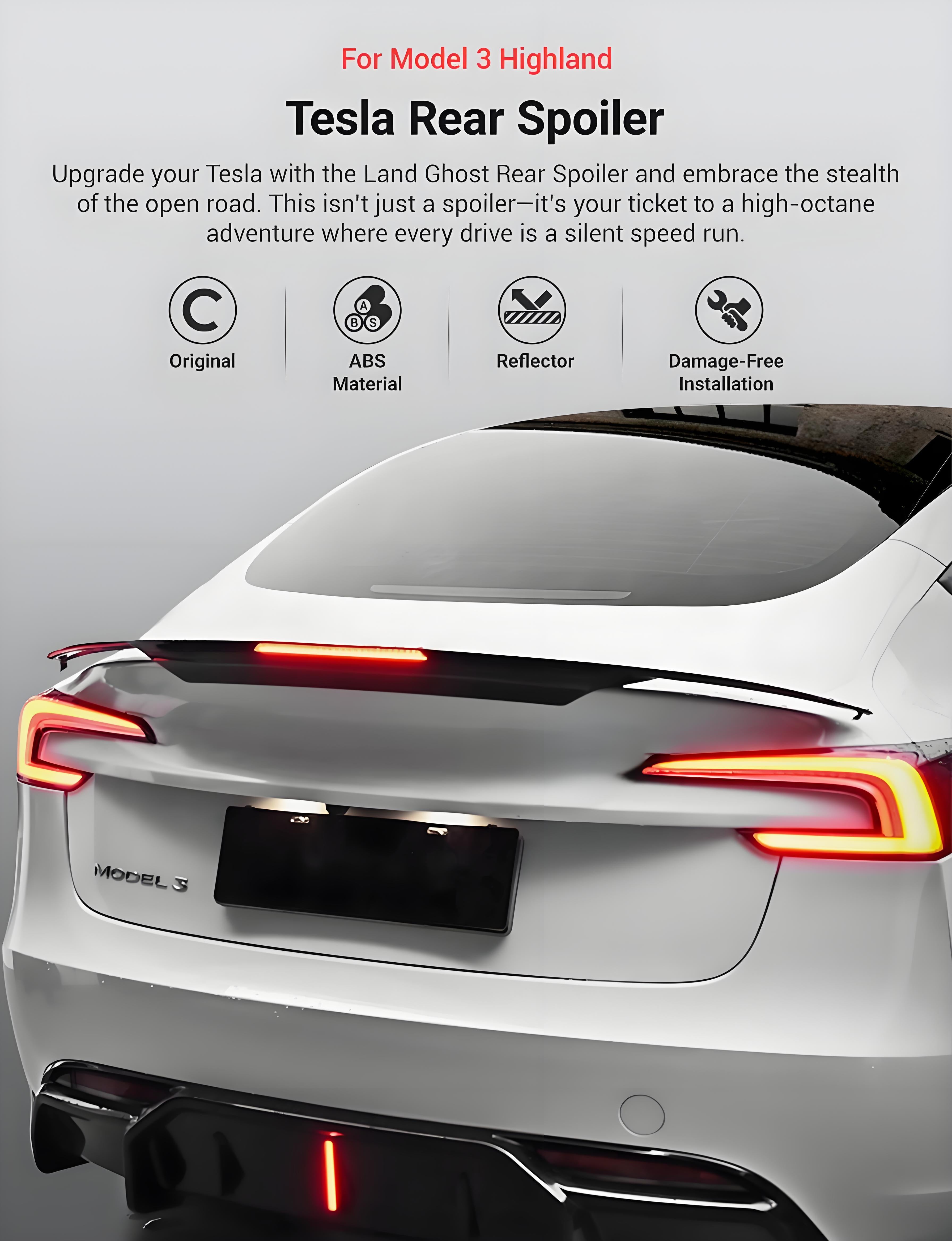 Types Rear Led Spoiler Kit Tesla Model 3/Y LED Rear Spoiler - Land Ghost Style | Tesery