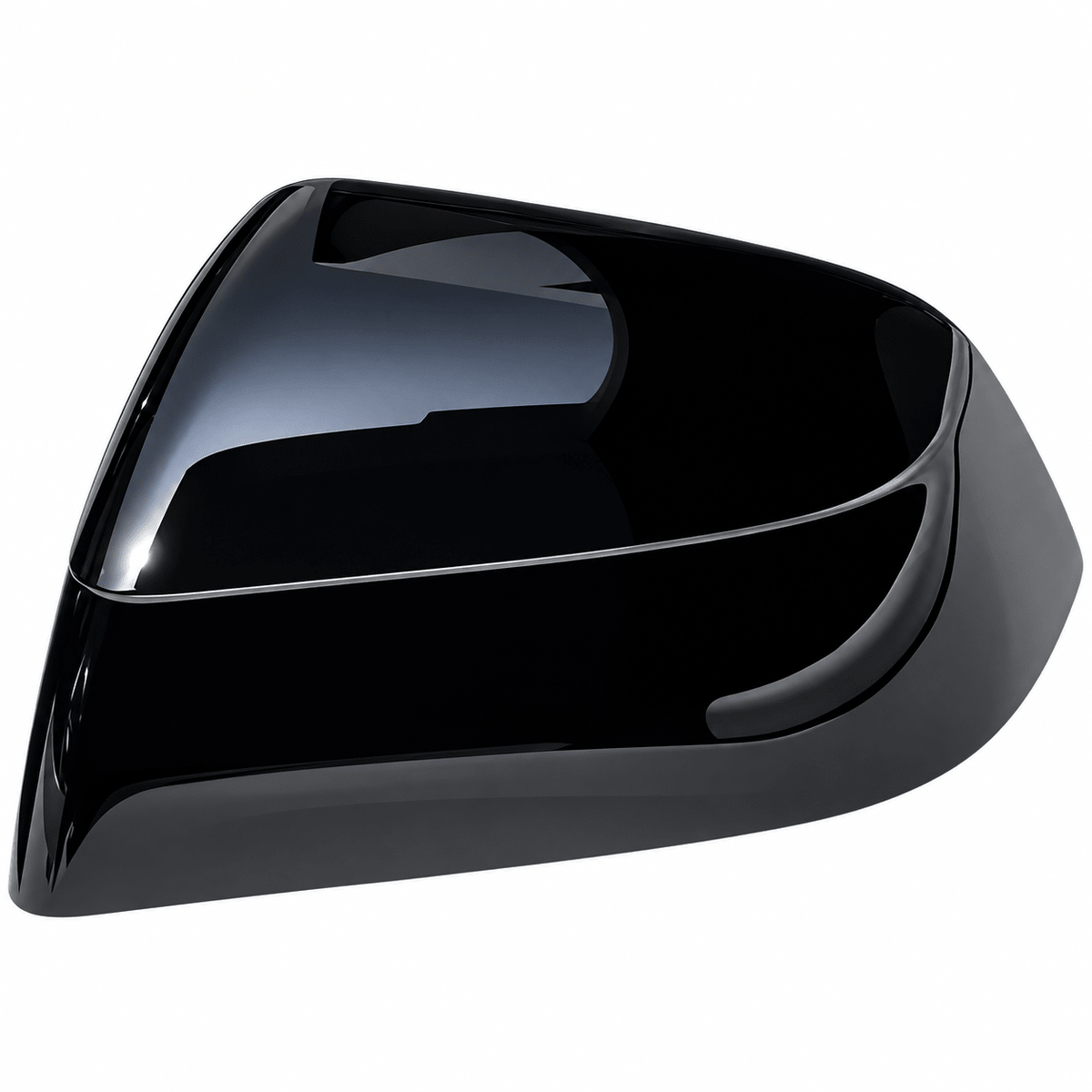 Glossy black mirror cover shell shown at an angle on white.