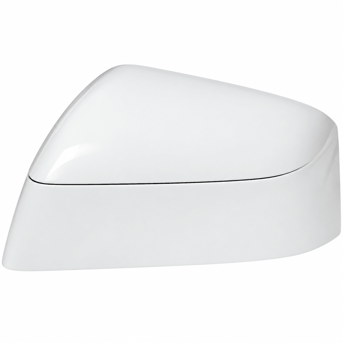 White mirror cover shell with a curved upper surface and tapered lower edge, viewed at an angle.