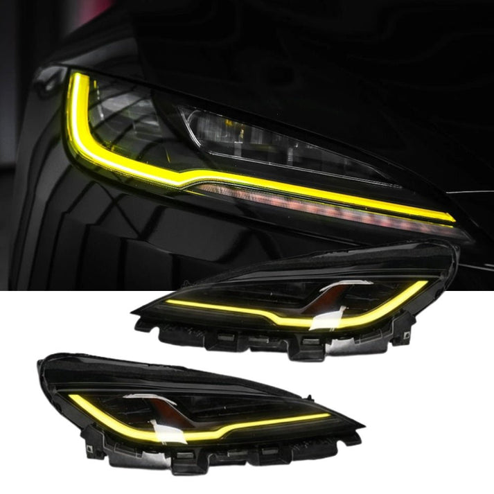 Close-up of the RGB light strip fitting perfectly on a Model 3 Highland headlight.