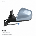 Blue left-side mirror assembly with a black mounting base and blue wiring connector, labeled LH driver side for left-hand-drive vehicles.