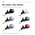 Side mirror color chart showing black, white, silver, gray, blue and red painted housings with mounting bases and wiring.
