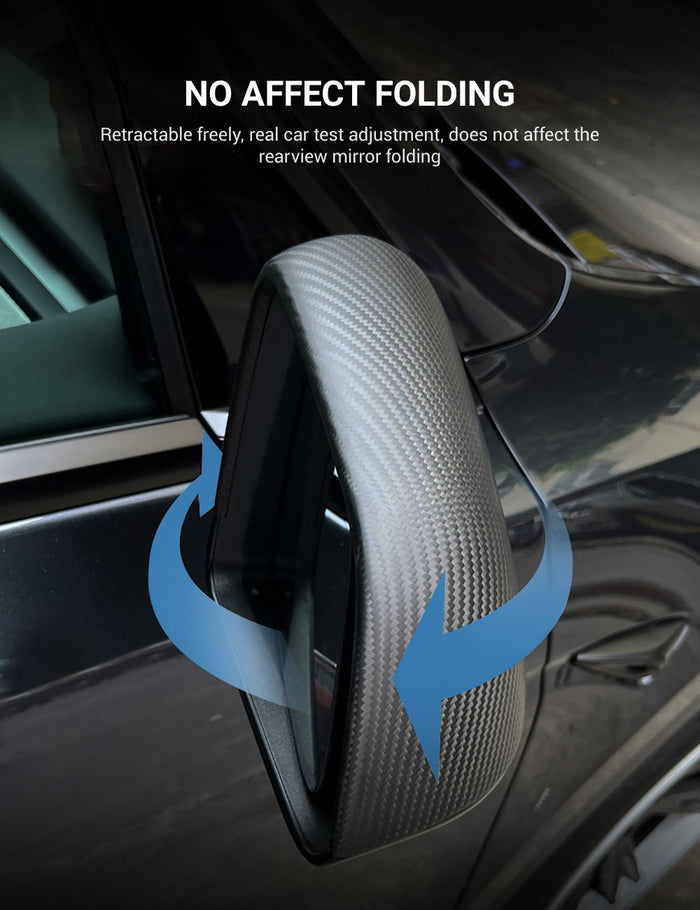 Dry carbon fiber mirror cover test-fitted over the factory side mirror cap