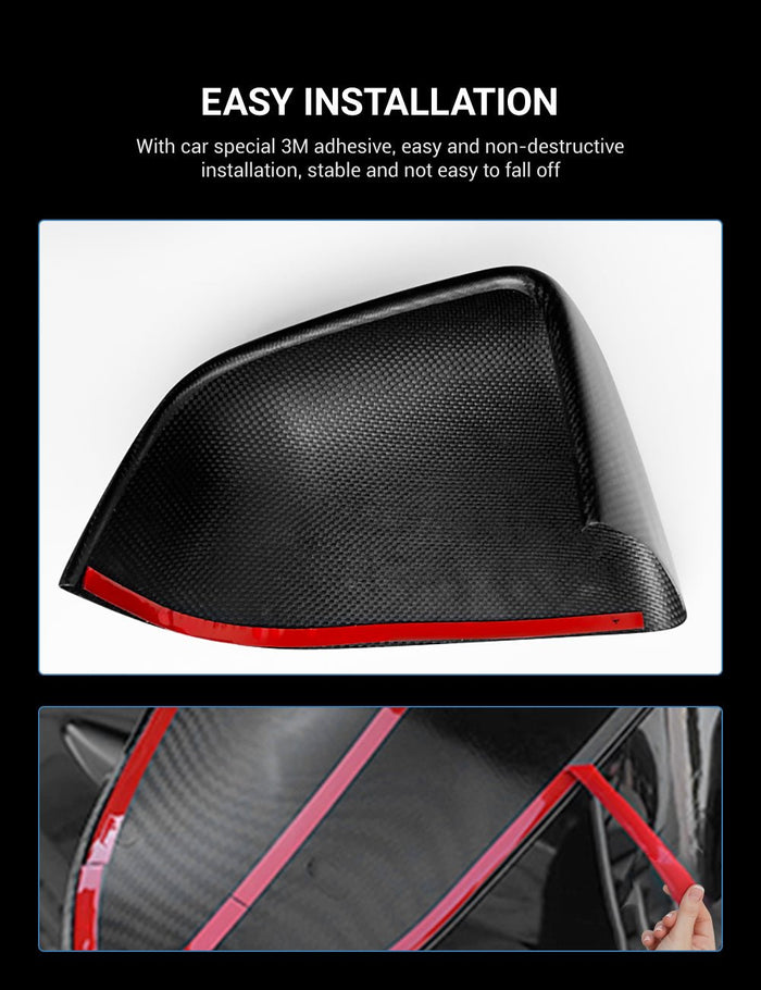 Underside of a dry carbon fiber side mirror cover with pre-applied automotive adhesive