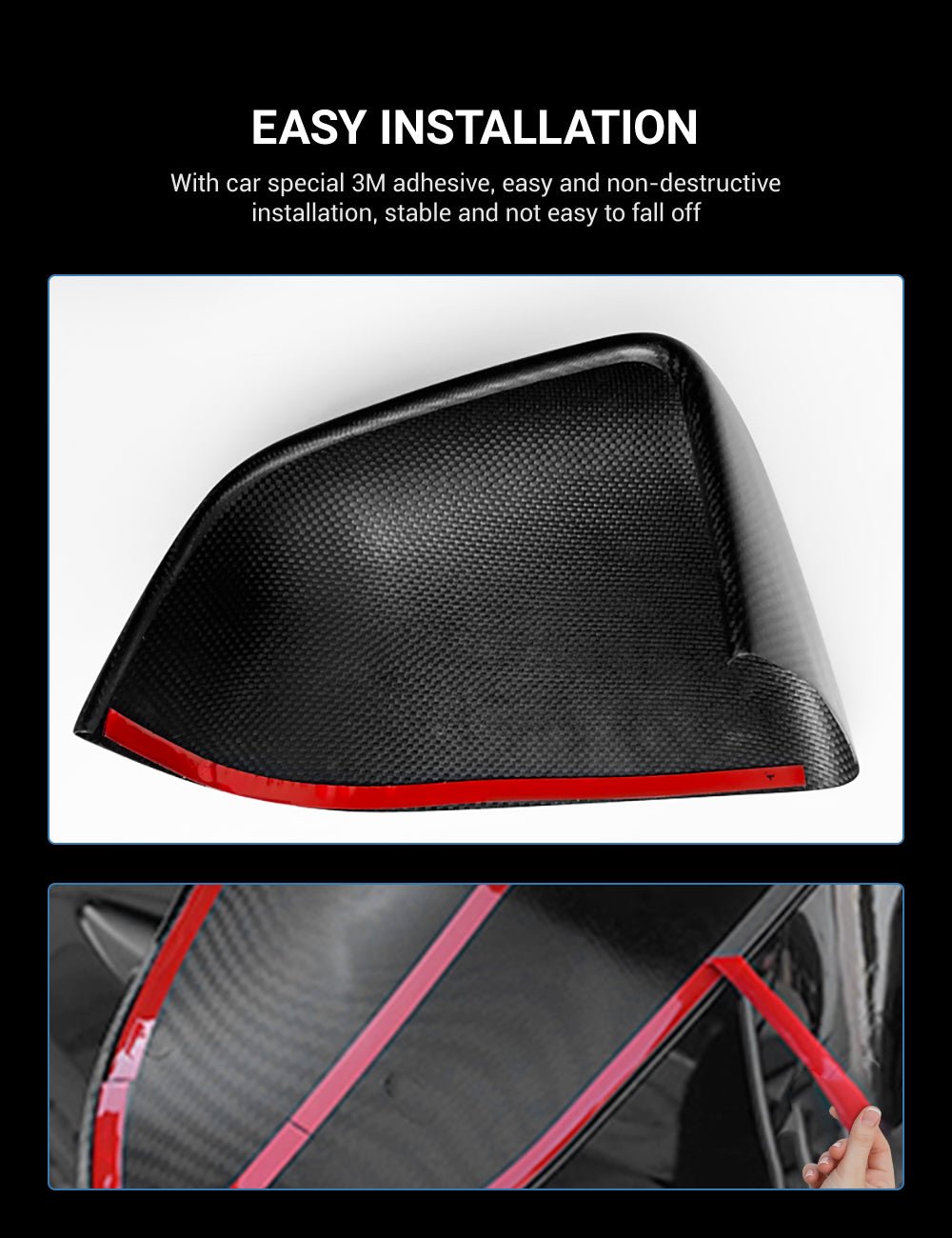 Underside of a dry carbon fiber side mirror cover with pre-applied automotive adhesive