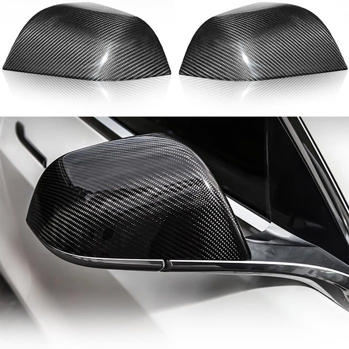 Left and right dry carbon fiber mirror covers with one installed on a compatible Tesla Model S or Model X