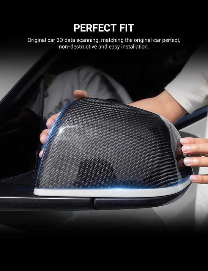 Dry carbon fiber mirror cover installed with clearance around the side mirror glass and folding joint