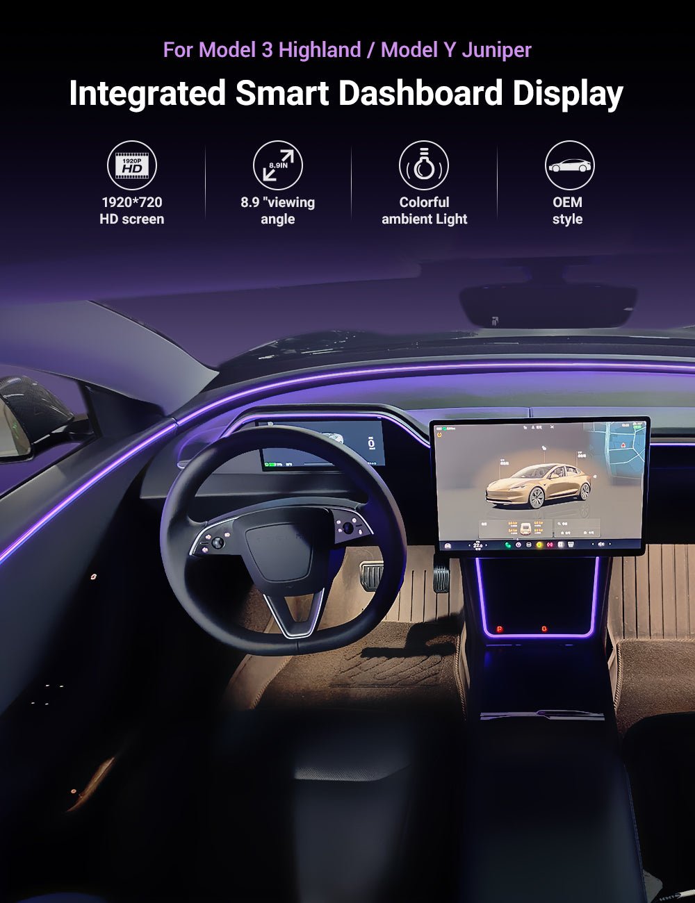 テスラ Model 3/Y ダッシュボードディスプレイ CarPlay＆アンビエント