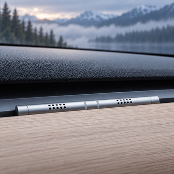 Slim silver fragrance stick positioned in the dashboard vent above the wood trim