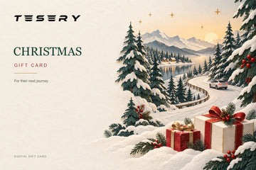 TESERY Christmas digital gift card with the official TESERY logo, snowy evergreen forest, winter road and red Christmas gifts