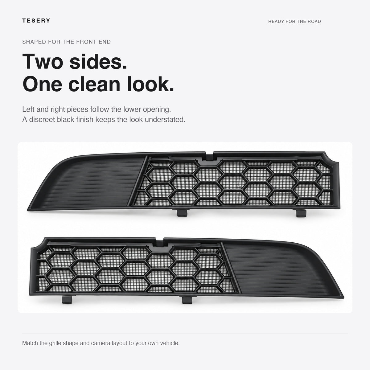 Mirror-image split grille halves with ribbed outer ends and shaped central contours.