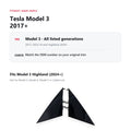 Fitment guide for Tesla Model 3 mirror triangle trim, 2017+ including Highland 2024+