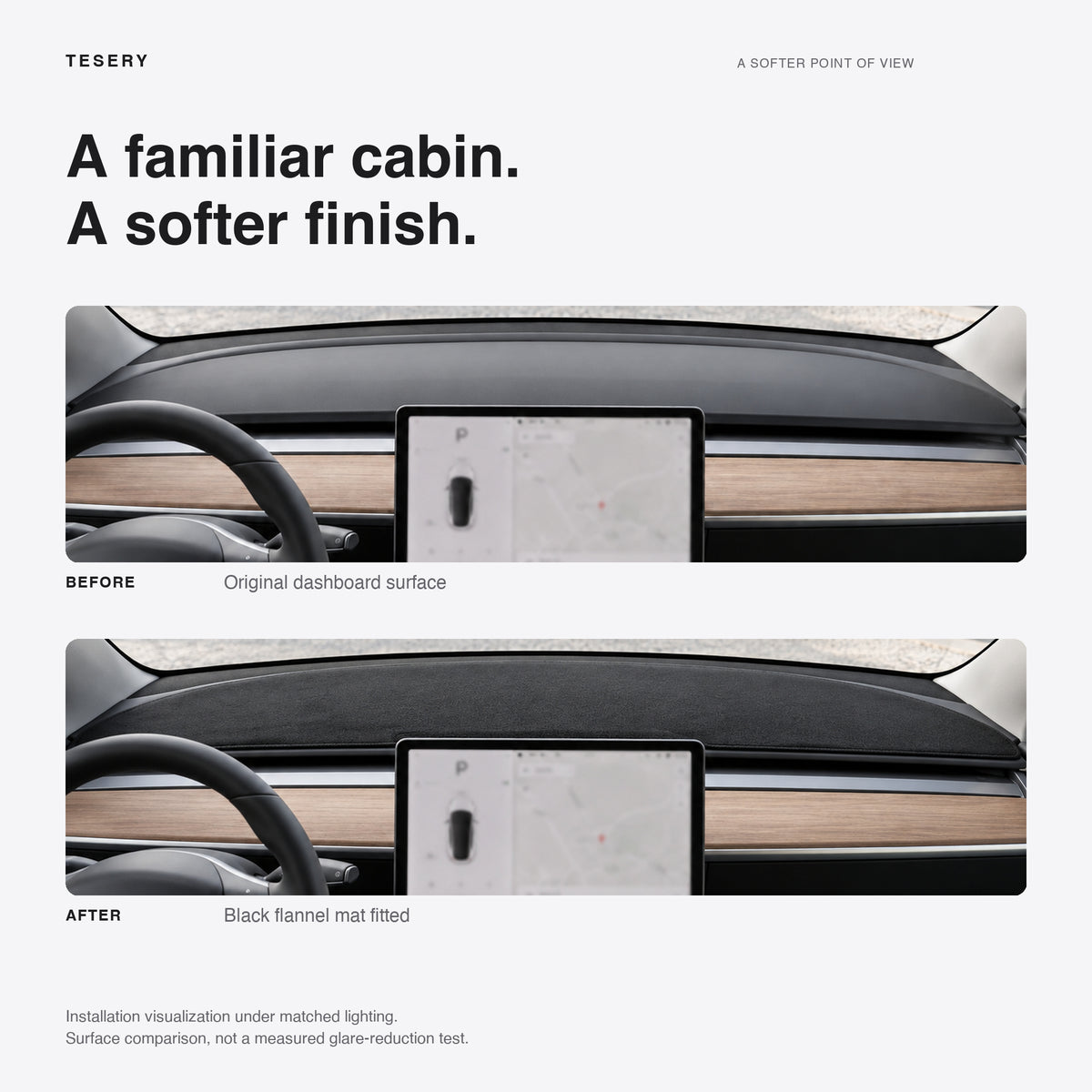 Installation visualization comparing the original dashboard surface with the black flannel mat fitted, in the same legacy Tesla cabin and lighting.