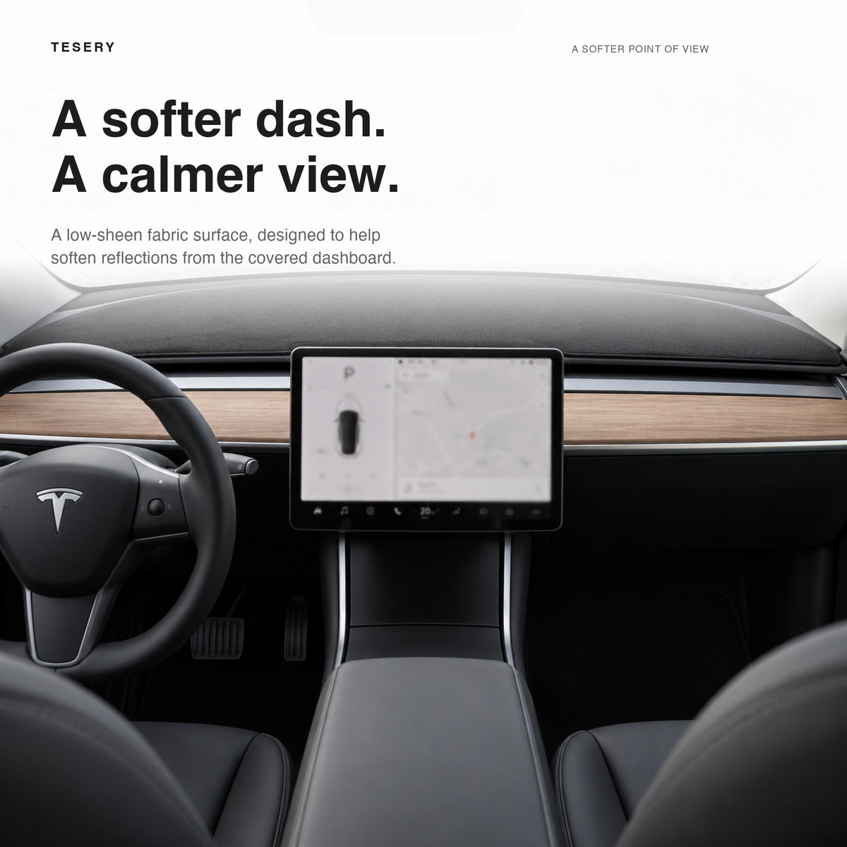 Matte black flannel dashboard mat adds a low-sheen fabric surface to the legacy Model 3 cabin.