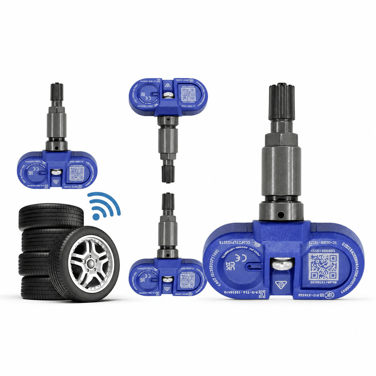 Several views of a blue valve-stem tire-pressure sensor beside wheel and wireless-signal graphics.