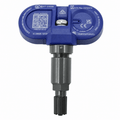 Close-up of the blue sensor body, printed identifiers, metal valve stem and black valve cap.
