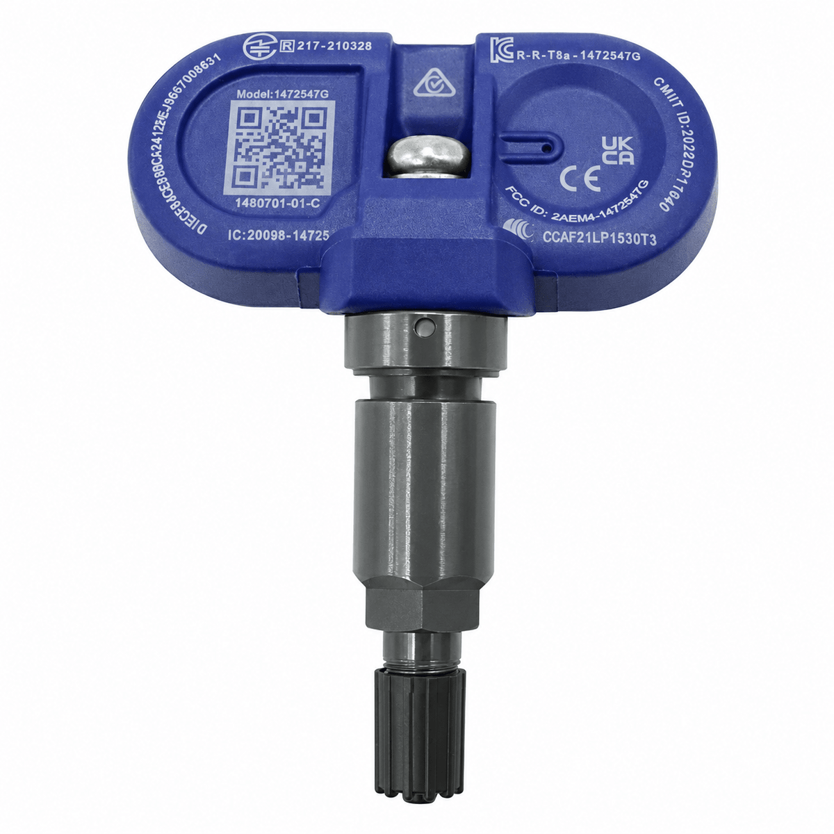 Close-up of the blue sensor body, printed identifiers, metal valve stem and black valve cap.