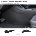 Black anti-kick mat fitted beside the Tesla Model Y Juniper center console, with the two included console-side mats shown below.