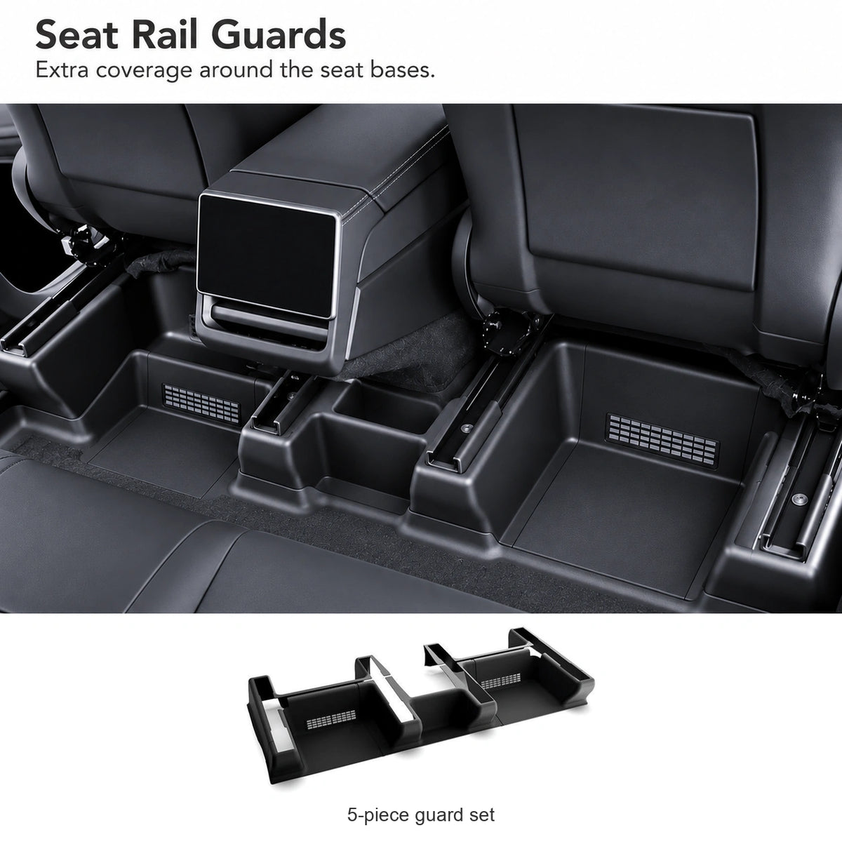 Black seat rail guards around the front-seat bases of a Tesla Model Y Juniper, with the assembled five-piece guard set below.