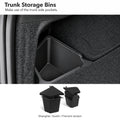 Tesla Model Y Juniper trunk side storage bin installed, with two bins and lids below; Shanghai, Austin and Fremont version shown.