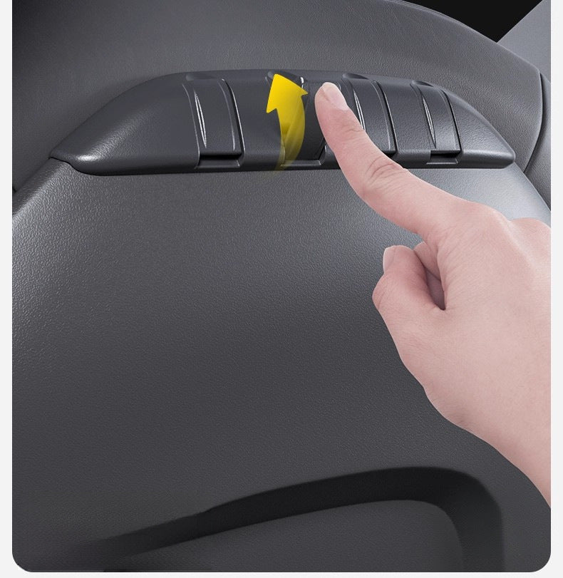 Finger lifting a TESERY folding seat-back hook, with an upward arrow showing how it opens.