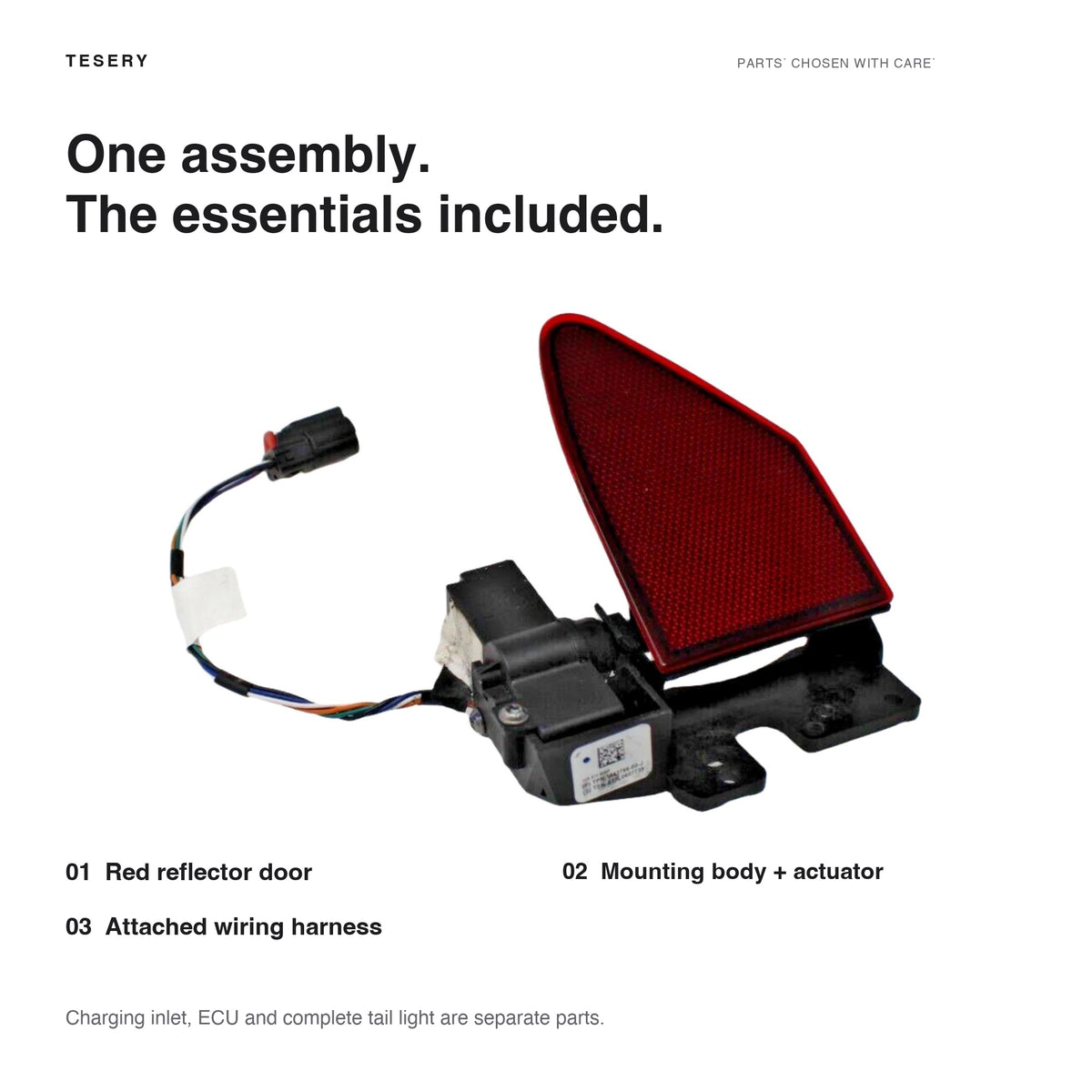 Included parts: one red charge-port reflector door, black mounting body, powered hinge mechanism and attached wiring harness