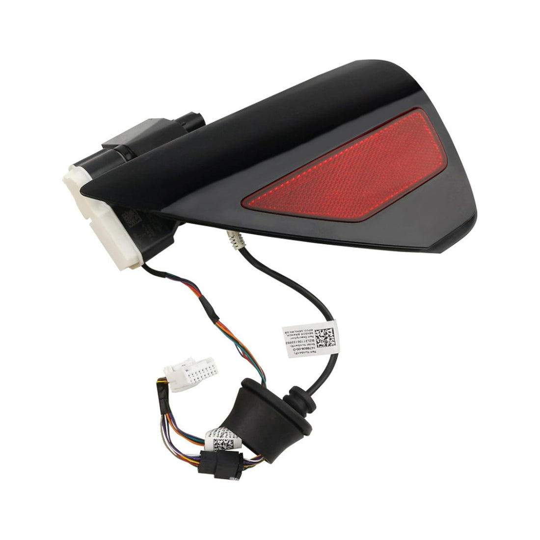 North American charge port door assembly with red reflector, actuator and attached wiring harness for Tesla Model 3 and Model Y