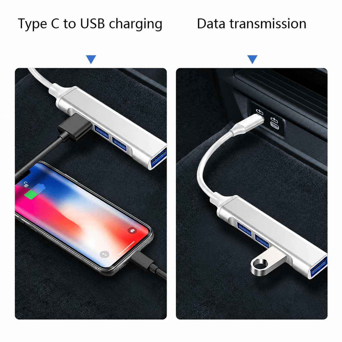 Two-panel hub demonstration showing a phone connected for charging and a USB drive plugged into the hub in a car console.