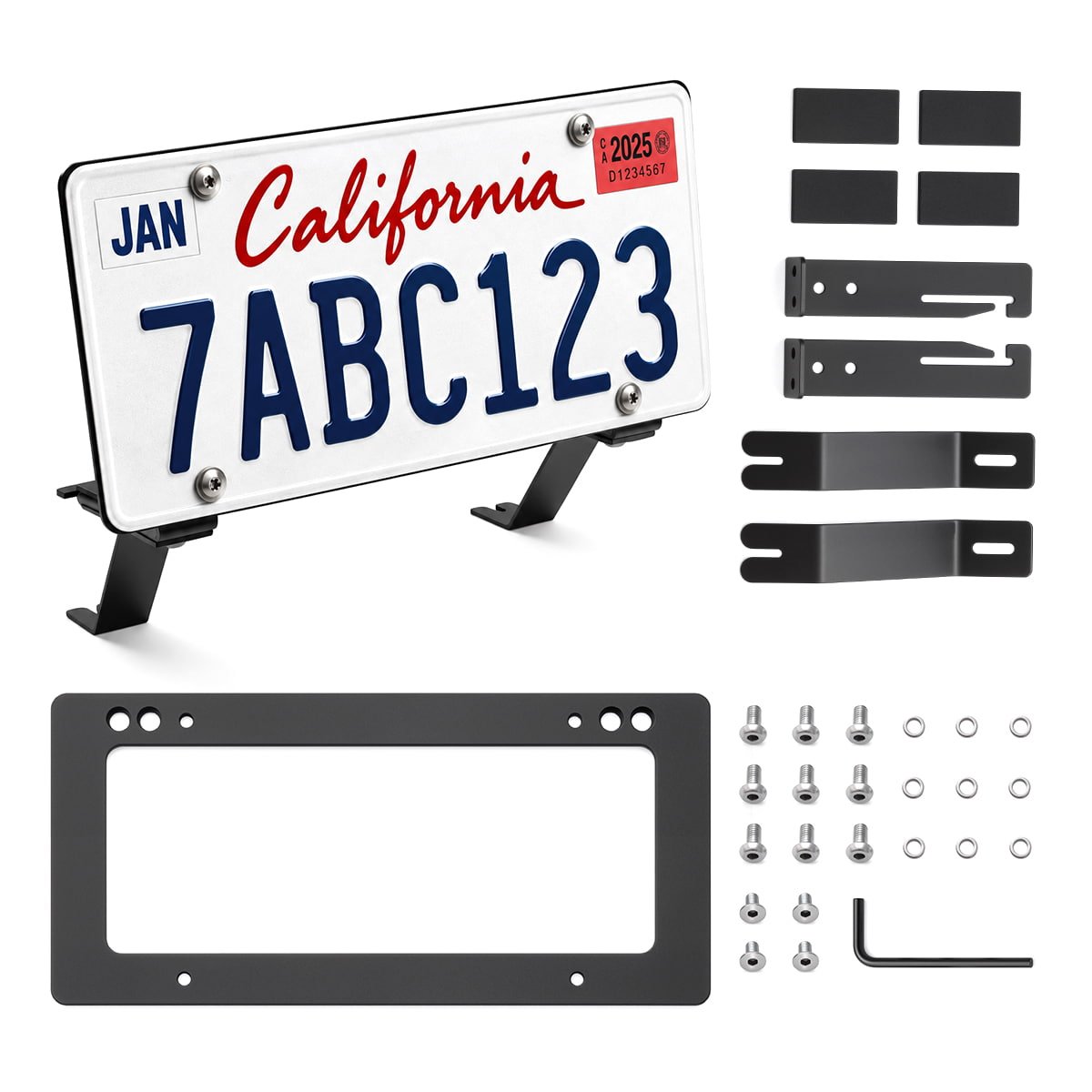 Front plate mounting kit with a U.S.-format plate, black frame, brackets, pads, screws and an Allen key.