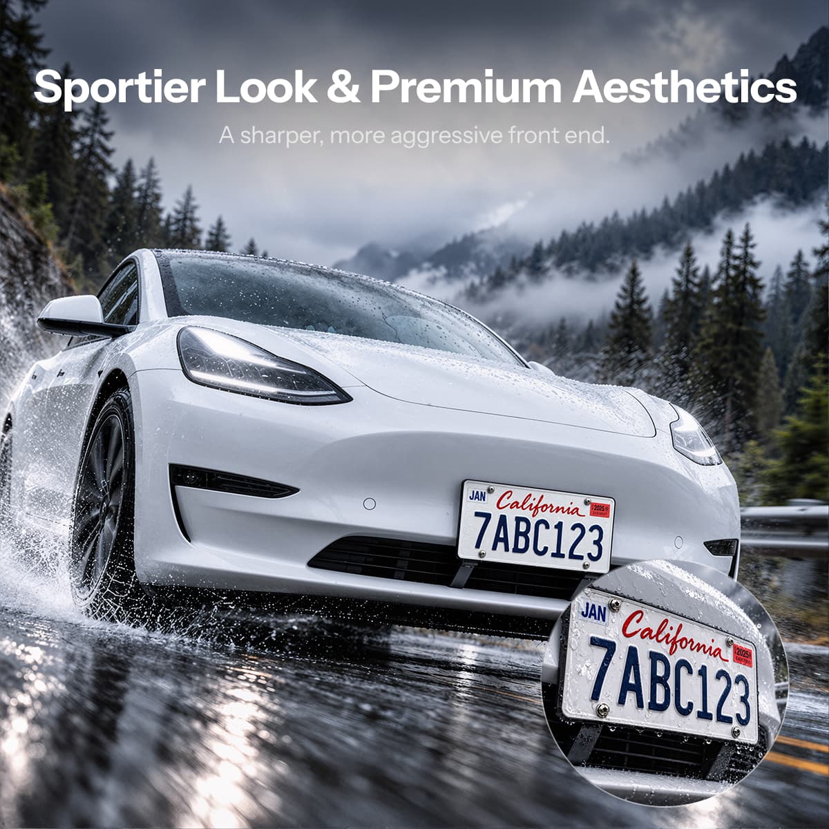 Angled front view of a white Model 3 with a magnified inset of its license plate mount.
