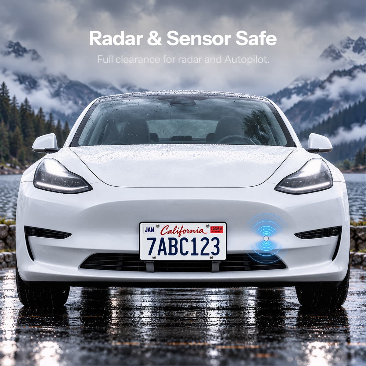 Straight front view of a white Model 3 with a plate frame and a blue sensor-location graphic.