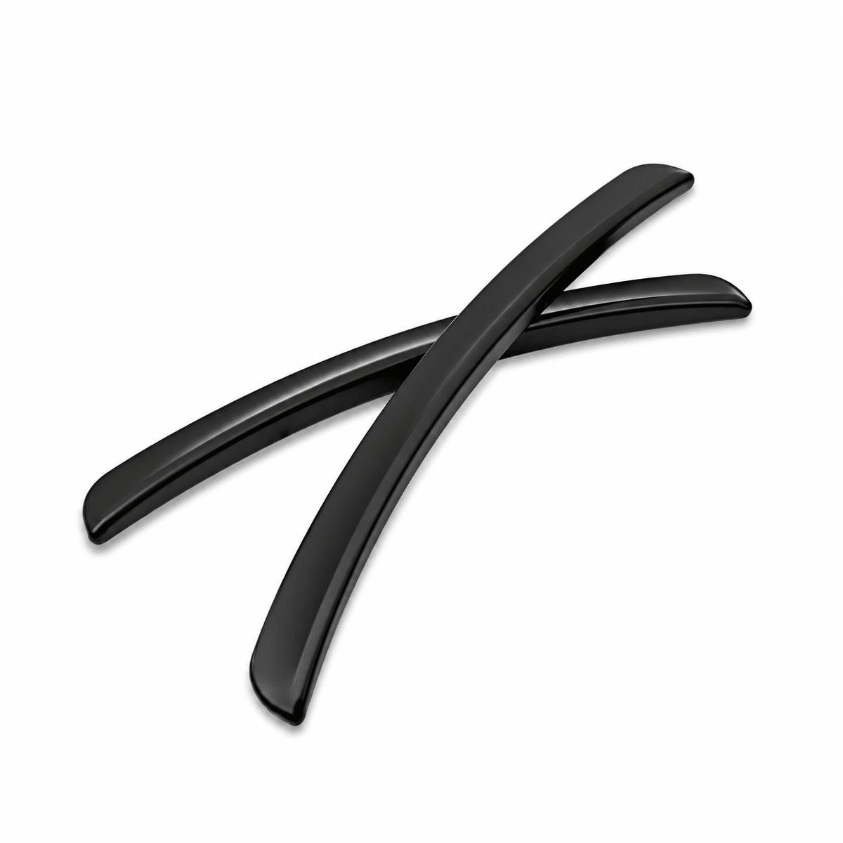 Two curved black wheel arch protector strips crossed on a white background