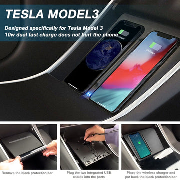 Dobbelt trådløs telefonoplader med USB-splitterkabel egnet til Tesla Model 3 2017-2020