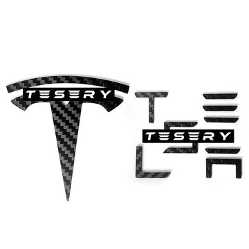 TESERY Logo Cubierta Frontal Insignia Trasera Letras Emblema para Tesla Modelo 3/Y-Fibra de Carbono Real