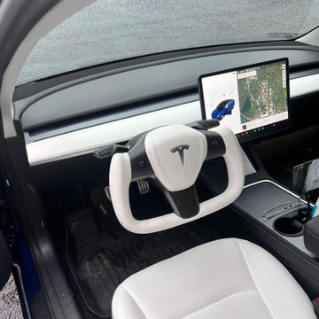 White Leather Yoke Steering Wheel for Tesla Model 3 / Y 【Style 7】